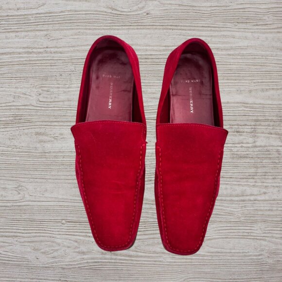 Burberry Handmade Red Suede Loafers EU 40 Square Toe Slip-On Moccasins Stripe - Picture 2 of 10